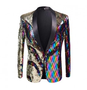  men's youth colorful Rainbow sequins modern jazz dance blazers Bar nightclub singer rap stage performance coats banquet dresssuits groomsman photos jackets