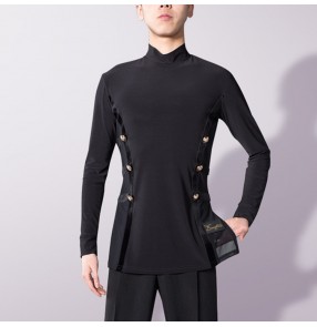 Men's youth competition ballroom latin dance shirts male turtle neck long sleevees black waltz tango ballroom dance tops shirts