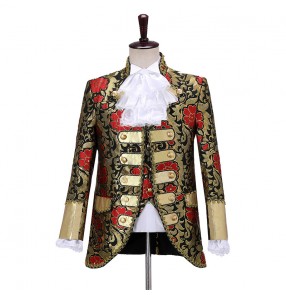 Men's Youth European Palace Prince Stage peformance Dress suits birthday xmas party European theme drama cosplay vest jacquard blazers and neck cuff flowers