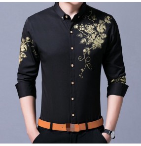 Men's youth fashion shirts slim fit casual streetwear dress shirts host singers groomsmen tops 