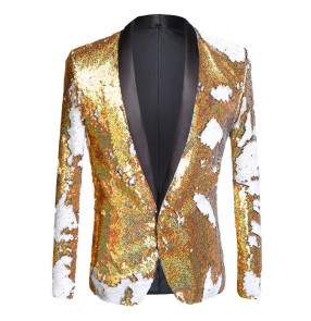 Men's Youth gold sequin jazz dance dress suit singer nightclub DJ stage performance glitter blazers trendy gogo dancers groomsmen solo host coats for man