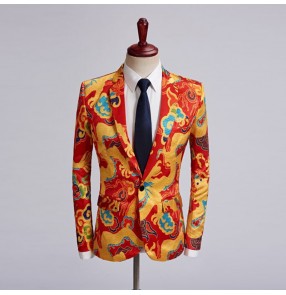 Men's youth host singer stage performance blazers models red dragon damask dress suit men's performance jacket tang suit for male