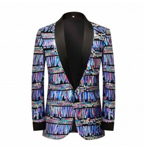 Men's youth jazz dance glitter blazers Wedding party groomsmen British retro colorful blue fringe sequin dress suit host singers solo concert performance lapel coats for man