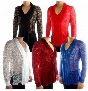 Men's youth lace competition ballroom latin dance shirts stage performance waltz flamenco tango dancing tops 