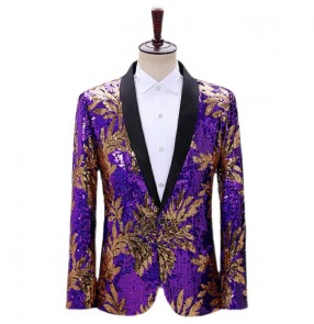 Men's youth purple leaf sequins jazz dance blazers host nightclub bar singer stage performance dress coats birthday xmas party showstopper suit