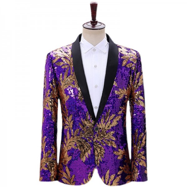 Men's youth purple leaf sequins jazz dance blazers host nightclub bar ...