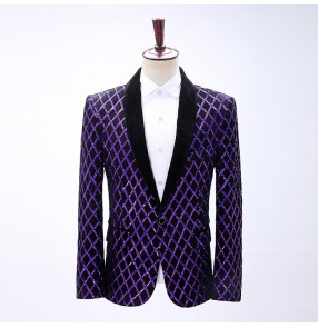 Men's youth purple rhombus sequined jazz dance blazers singers host solo stage performance long-sleeved Dress suit drama xmas party cosplay coats for man