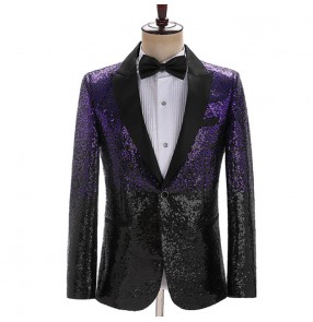 men's youth purple with black gradient sequined jazz dancer host singers rapper stage performance suits singer stage blazers annual party fashion best man lapel jacket