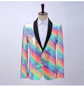 Men's youth rainbow sequins jazz dance flashing blazers singers host anchor Nightclub Youth Stage Performance birthday celebration Dress suit Bar nightclub coats