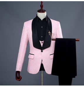 Men's youth red white pink jacquard singers host stage performance balzers and pants Male nightclub DJ suit three-piece bridegroom photo studio photo suit