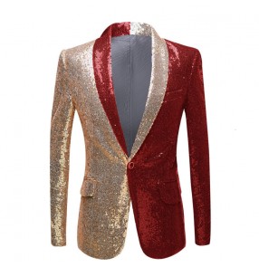 Men's youth Red with gold sequined jazz dance Suit Singer solo Stage Lapel Sequin Colorblock blazers Nightclub DJ Party Prom Jacket for groomsman