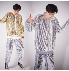  men's youth silver gold red sequined singer bar Jazz dance costumes rapper long-sleeved jacket and pants plus size men's sequined modern hihop street dance outfits
