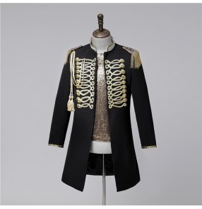 Men's youth Singer Gogo dancer Solo stage performing jazz dance black with gold Long coats Nightclub bar male magician host concert stage performance long jackets for male