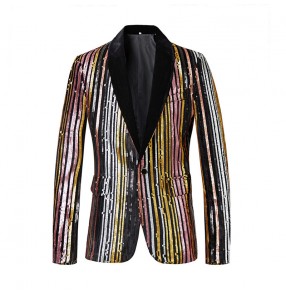 Men's youth Vertical Striped Sequin jazz dance dress suit host chorus wedding party groomsmen One Button Multicolor Shiny blazers Nightclub Stage Singer dance glitter coats