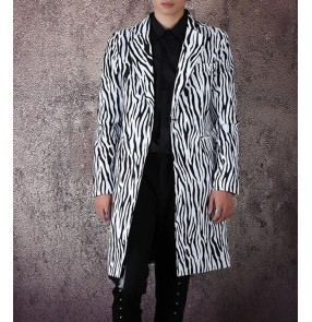 Men's zebra printd jazz singers host stage performance long blazers model show performance blazers coats