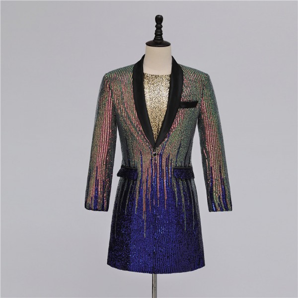 Men Youth gold royal blue gradient sequined jazz dance blazers singer ...