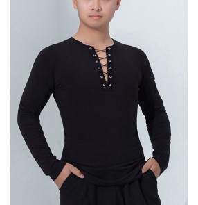 Men youth Juvenile competition black color Latin ballroom dance shirts stage performance waltz tango chacha flamenco dance tops for male 