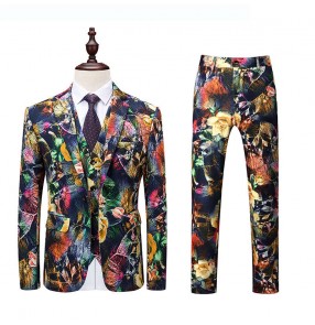 Men youth Rainbow Colorful flowers printed jazz singers host stage performance suit set male Korean emcee performance dress coats and pants bridegroom banquet suit