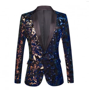 Men Youth Royal blue gold laser velvet sequined jazz dance blazers lapel collar singers concert solo performance Jacket Wedding Banquet Dress suit