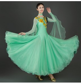 Mint green competition long sleeves ballroom dance dress for women girls waltz tango stage performance dress foxtrot standard ballroom dress for female