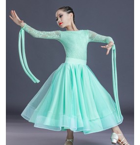 Mint violet lace ballroom dance dresses for girls kids Modern dance Dresses children's waltz standard dance suit long-sleeved modern performance clothes