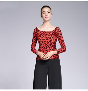 Modern ballroom dance tops blouses for women adult female top leopard print long-sleeved national waltz tango standard dance practice dance blouses shirts