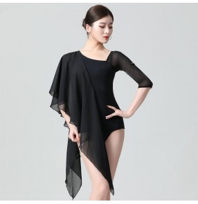 Modern black color Ballroom latin dance bodysuits for women stage performance chiffon ribbon Dance leotards body tops adult national standard dance clothes practice clothes coveralls