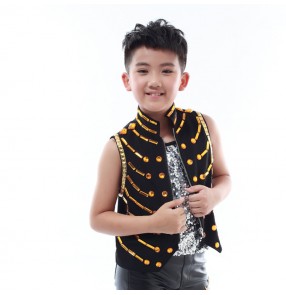 Modern dance drummer hiphop street dance vest waistcoats for boys kids children white black lens rhinestones competition stage performance tops 