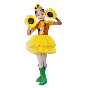 Modern dance jazz singers stage performance costumes for children girls kindergarten gold sunflowers drama tv cosplay dance wear dresses