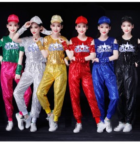 Modern dance outfits for female girls hiphop cheer leaders school stage performance group gogo dancers gold red black silver blue paillette dance costumes top and pants and hat