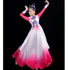 Mongolian dance clothes pink blue with white gradient Female monglia performance dresses opening dance ethnic minority costumes