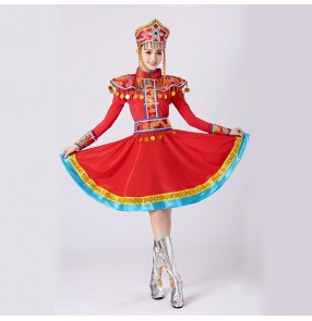 Mongolian dance dresses for female women red color stage performance chinese folk dance robes costumes 