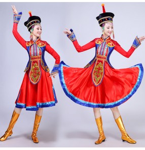 Mongolian dance robes red color chinese folk dance costumes stage performance competition drama cosplay dancing dresses