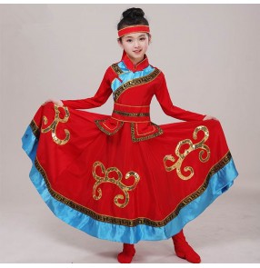 Mongolian dress Girtls chinese folk dance costumes red white colored mongolia dress drama cosplay robes dresses