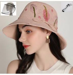 natural straw with embroidered flowers fisherman's hat with clear face shield anti spray saliva full face cover protective sun cap for women