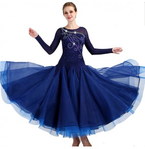 Navy ballroom competition dresses diamond long sleeves stage performance professional waltz tango dancing long dresses