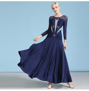 Navy ballroom dancing dress for women competition rhinestones long sleeves ballroom dance dress waltz tango dance dress