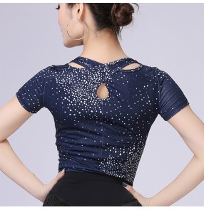 Navy ballroom latin dance tops for women stage performance pratice exersises salsa chacha dance tops blouses for female