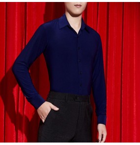 Navy blue colored men's ballroom latin dance shirts male waltz tango shirts stage performance salsa samba chacha dance tops shirts