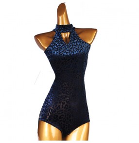 Navy blue leopard ballroom latin dance bodysuits for women girls hater neck sleeveless cha cha salsa rumba ballroom dance leotard casuit tops for female