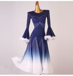 Navy blue with white feather gradient colored competition ballroom dancing dresses with diamond for women girls waltz tango flameco dance long skirts 