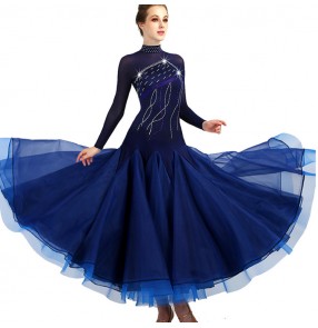Navy competition ballroom dancing dresses stage performance professional waltz tango chacha rumba dance costumes dress