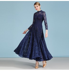 Navy lace ballroom dancing dresses for women practice exercises waltz tango dance dress