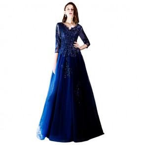 Navy lace half sleeeves women's evening dresses A line bridesmaid cocktail wedding party floor length host singers stage performance long dresses
