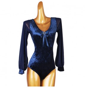 Navy velvet competition ballroom latin dance bodysuits for women female stage performance salsa chacha dance catsuits tops