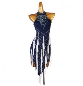 Navy with white tassels competition latin dance dress for women girls sleeveless rhinestones latin dance costumes stage performance salsa chacha dance dresses
