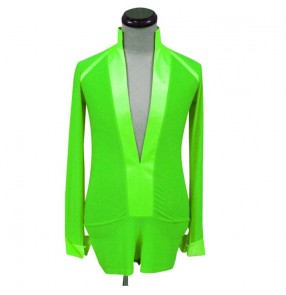 Neon green competition ballroom latin dance body shirt for male adult youth stage performance tango waltz dance tops 