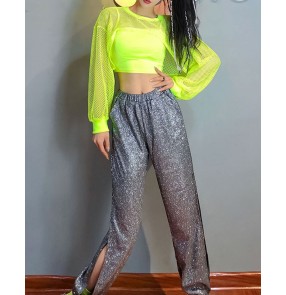 Neon green hiphop ds street dance performance costumes for women group jazz singers gogo dancers lead dance outfits women jazz dance practice clothes fluorescent green top and shorts coat