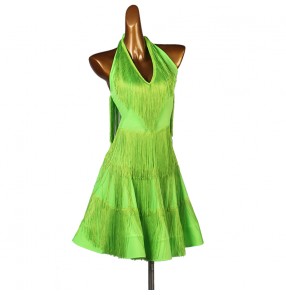 Neon green tassels competition latin dance dress for women halter neck salsa chacha dance dress for female Robe de danse latine verte