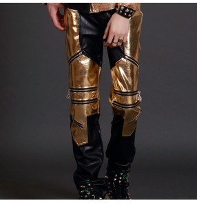 Nightclub male singer jazz host performance trousers for men's boys gold personality punk rock stage ds leather pants night bar dj costume pants